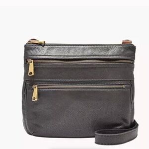 Fossil Black Leather Crossbody Bag with Gold Accents